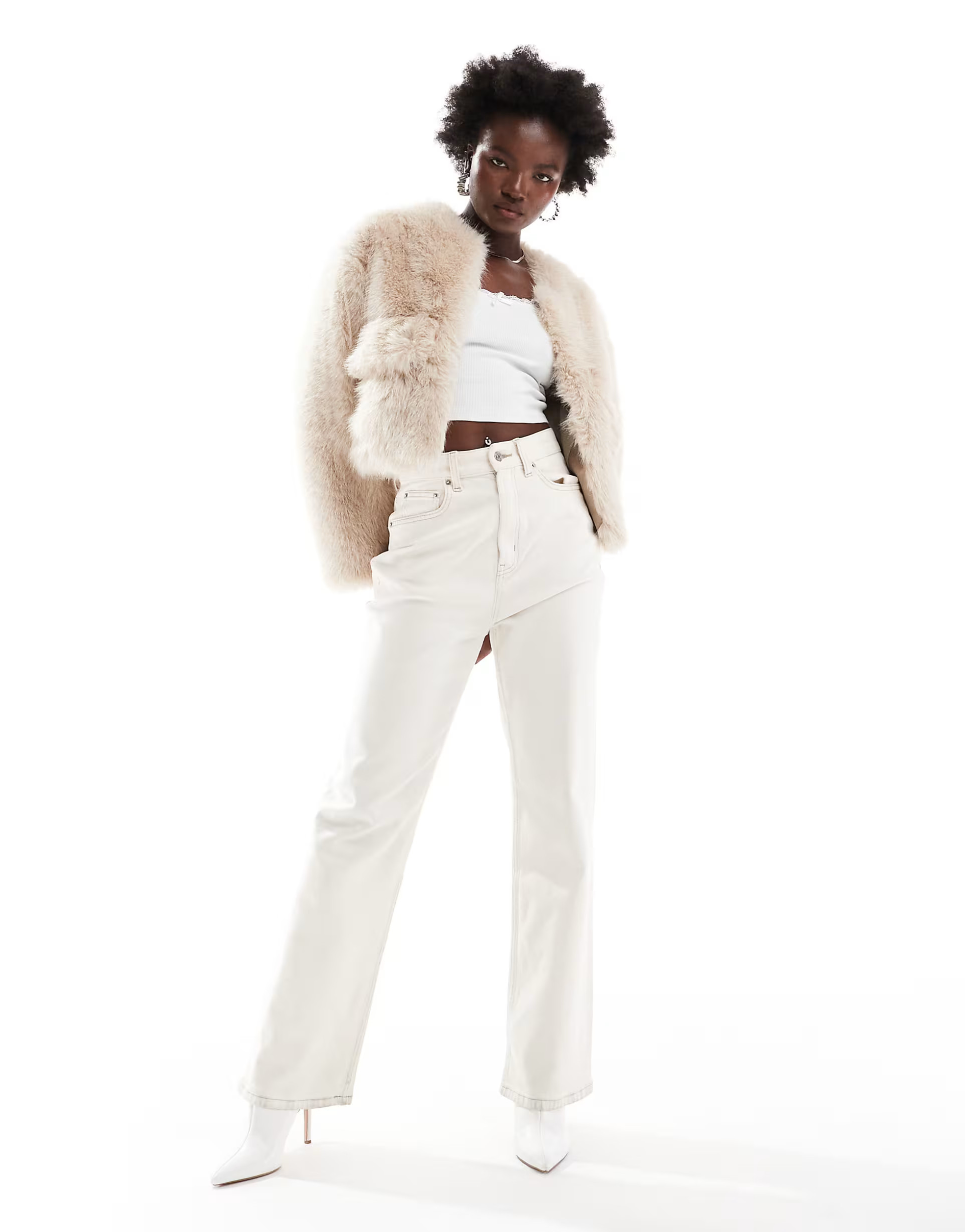 4th & Reckless cropped faux fur pocket detail jacket in beige | ASOS (Global)