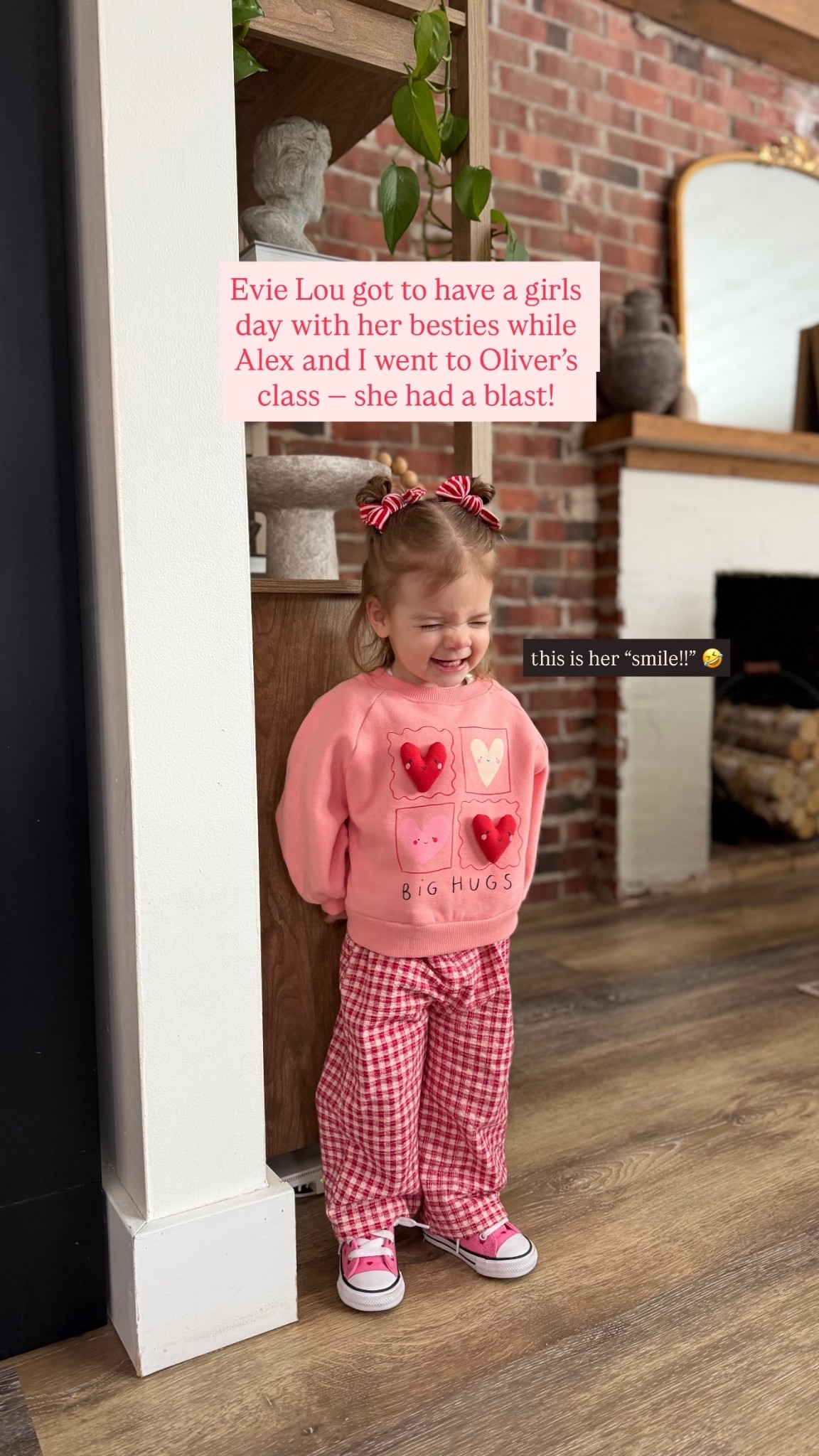 Evie Lou got to have a girls day with her besties while Alex and I went to Oliver’s class — she had a blast! this is her “smile!!” 🤣