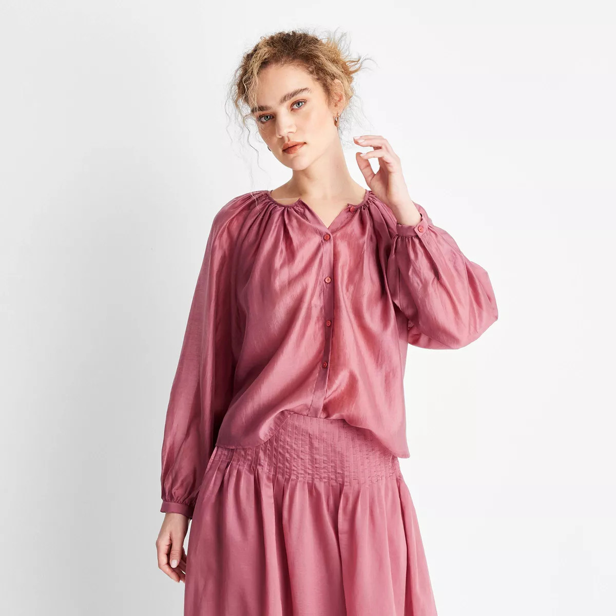 Women's Balloon Long Sleeve Flowy Boho Top - Future Collective Berry Red XL | Target