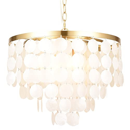 ALICE HOUSE 18.2" White Shell Chandeliers, Brushed Brass Finish, Coastal Kitchen Island Light Fix... | Amazon (US)