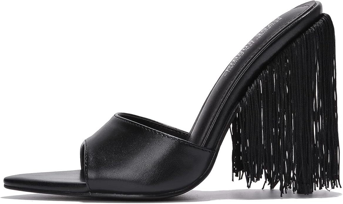 Cape Robbin Women's Fringe Open Toe Mule Slip on Stiletto Heel Sandals | Amazon (US)