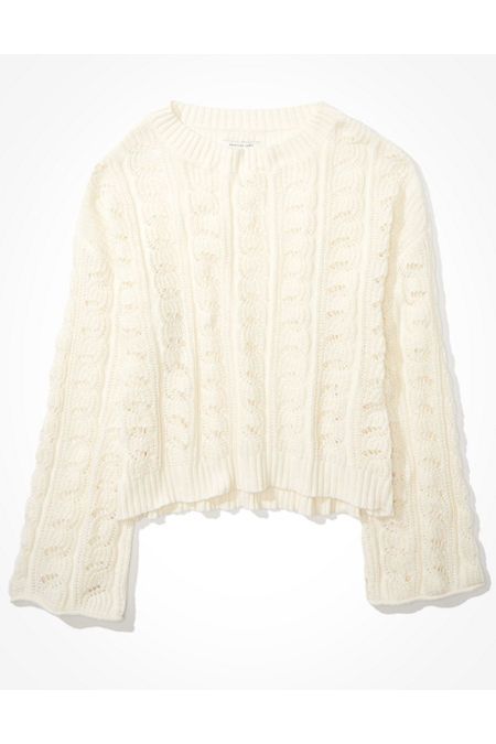 AE Cropped Pointelle Crew Neck Sweater Women's Cream XXL | American Eagle Outfitters (US & CA)