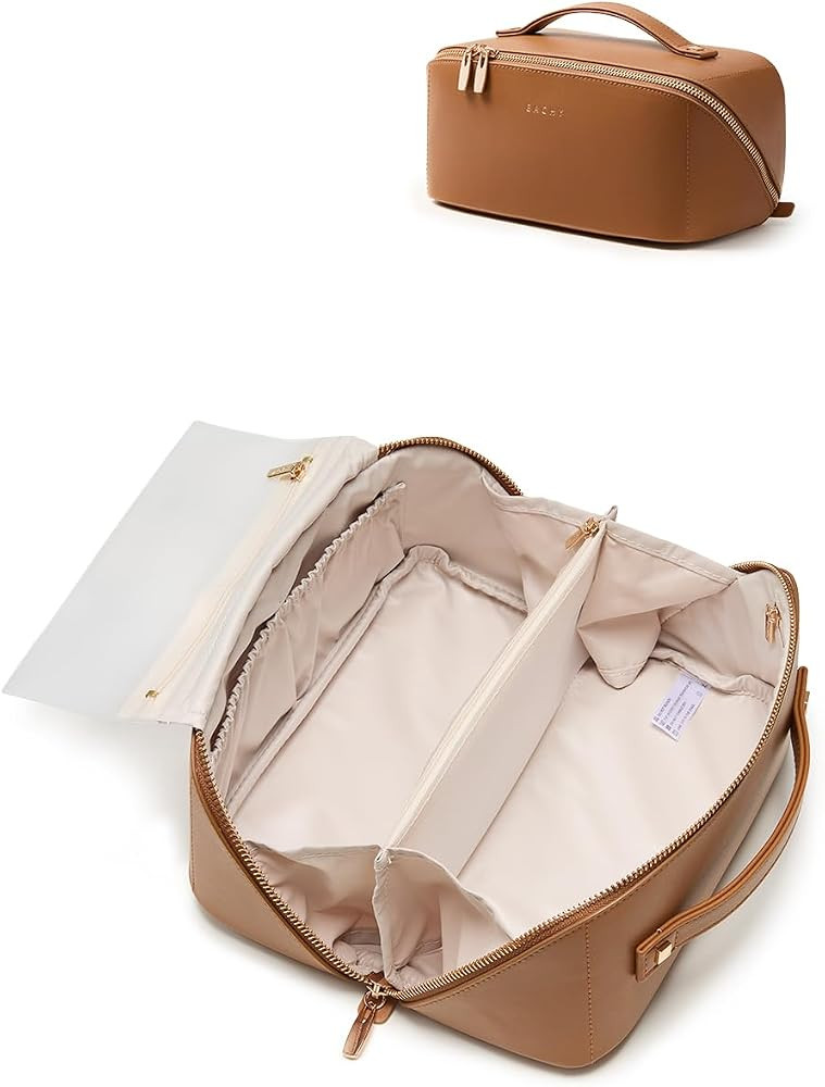 EACHY Travel Makeup Bag, Large Capacity Cosmetic Bag for Women, Waterproof PU Leather, Flat Open ... | Amazon (US)