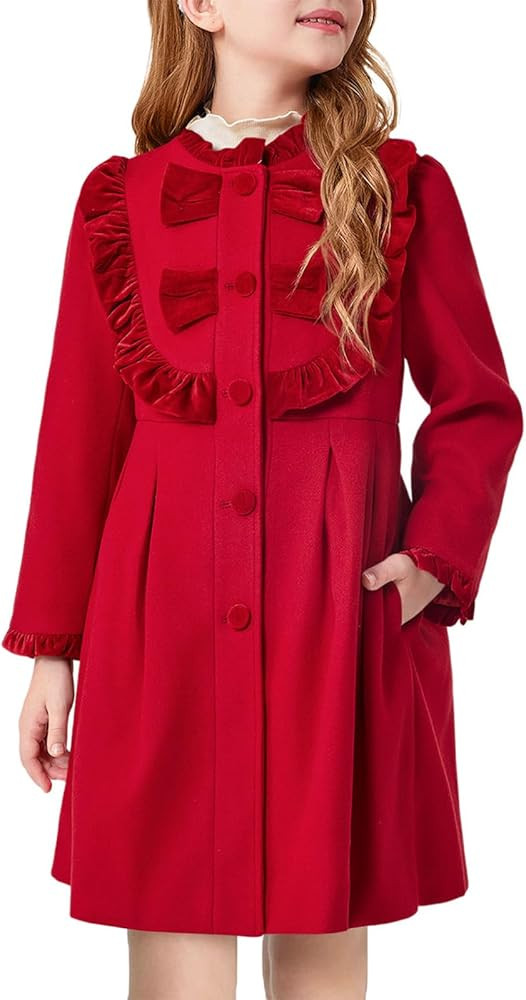 Haloumoning Girls Dress Coat Kids Ruffle Button Down Cute Bow Long Winter Jackets with Pockets 3-... | Amazon (US)