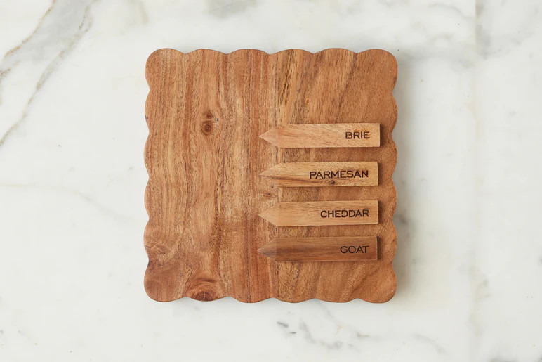 Square Scalloped Cheese Board with Cheese Markers, Small, Natural | etúHOME