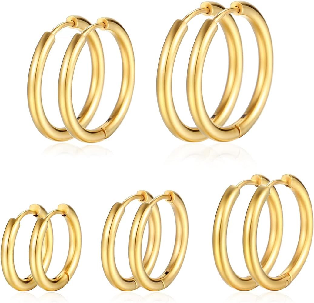 PICKBEAU 5 Pairs Gold Hoop Earrings for Women | 18K Gold Plated Huggie Hoop Earrings Set for Girls Hypoallergenic Cartilage Earrings Lightweight Small Hoop Earrings Huggie Set | Amazon (US)