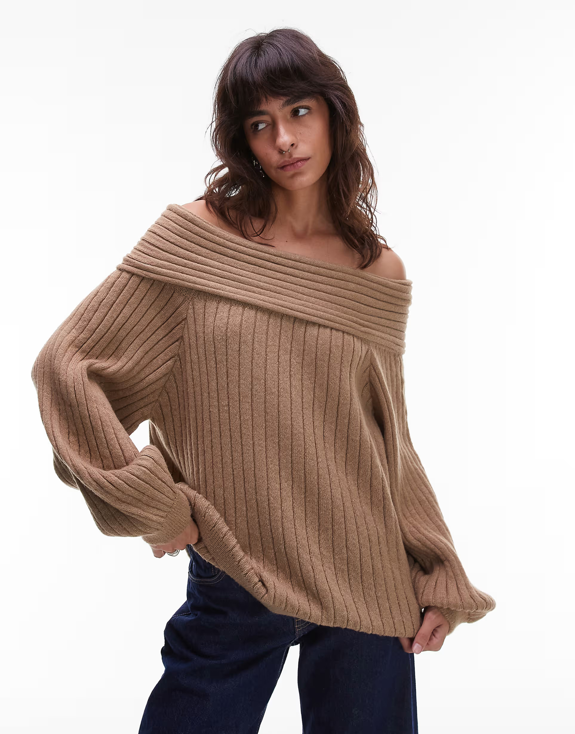 ASOS DESIGN oversized rib knit off shoulder jumper with balloon sleeve in brown | ASOS | ASOS (Global)