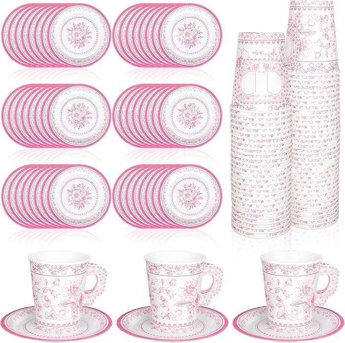 Whaline 80 Pcs Pink White Floral Paper Tea Cups and Saucers Porcelain Chinoiserie Flower 9oz Disp... | Amazon (US)