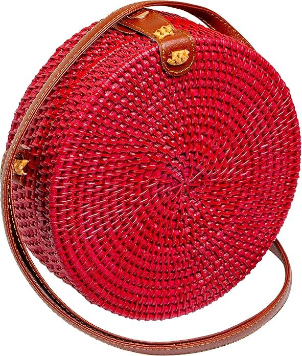 Handwoven Red Round Rattan Tote Crossbody Beach Style Circle Bag Wicker Purse | Amazon (US)