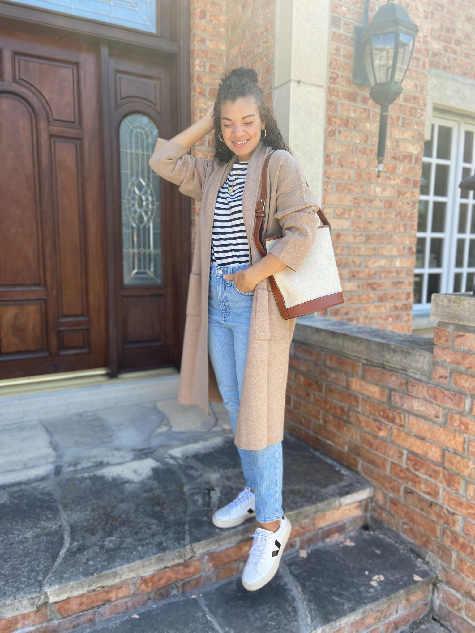 Weekend spring look for hanging out with the family and running errands! Striped shirt, coatigan, jeans, sneakers, tote bag 

#LTKstyletip #LTKfit