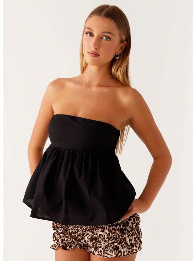 Women Summer Flowy Tube Top Y2k Solid Color Strapless Off The Shoulder Loose Fit Babydoll Bandeau... | SHEIN