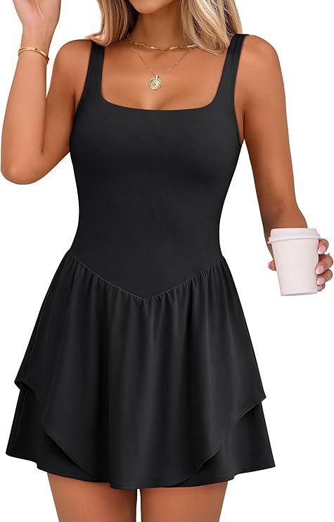 Caracilia Women Tennis Dress Square Neck 2 Layers Hem Built in Shorts and Bra Workout Athletic Go... | Amazon (US)