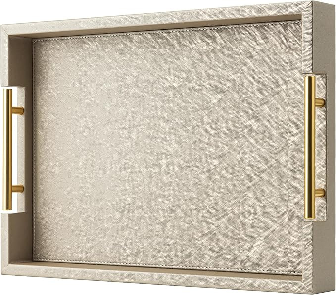 Champagne Faux Leather Serving Tray with Handles,17x12 inches, Large Decorative Tray for Ottoman ... | Amazon (US)