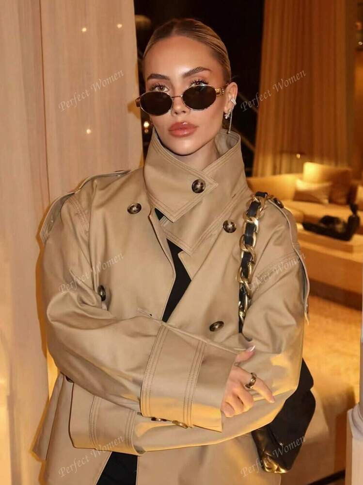 Cappotto Trench Doppiopetto Con Collo Alto Per Donna - Giacca Stile Streetwear A Maniche Lunghe Con Tasche, Moda Autunno Inverno | SHEIN