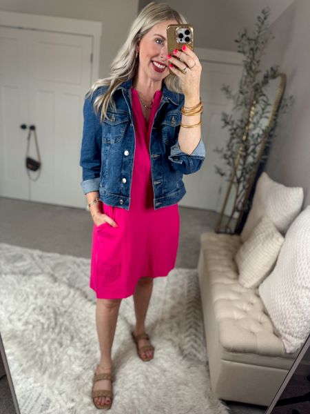 Daily try on, Walmart outfit, workwear, pink dress, time and tru, Walmart outfit, Walmart fashion, Walmart try on, jean jacket 

Medium in both!

#LTKFindsUnder50 #LTKWorkwear