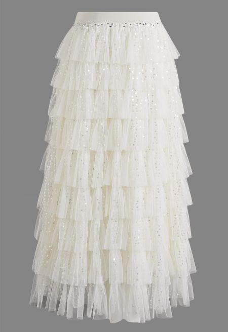 Sequin Embellished Tiered Ruffle Mesh Maxi Skirt in Cream for Dinner Events & Cocktail Hours | Chicwish