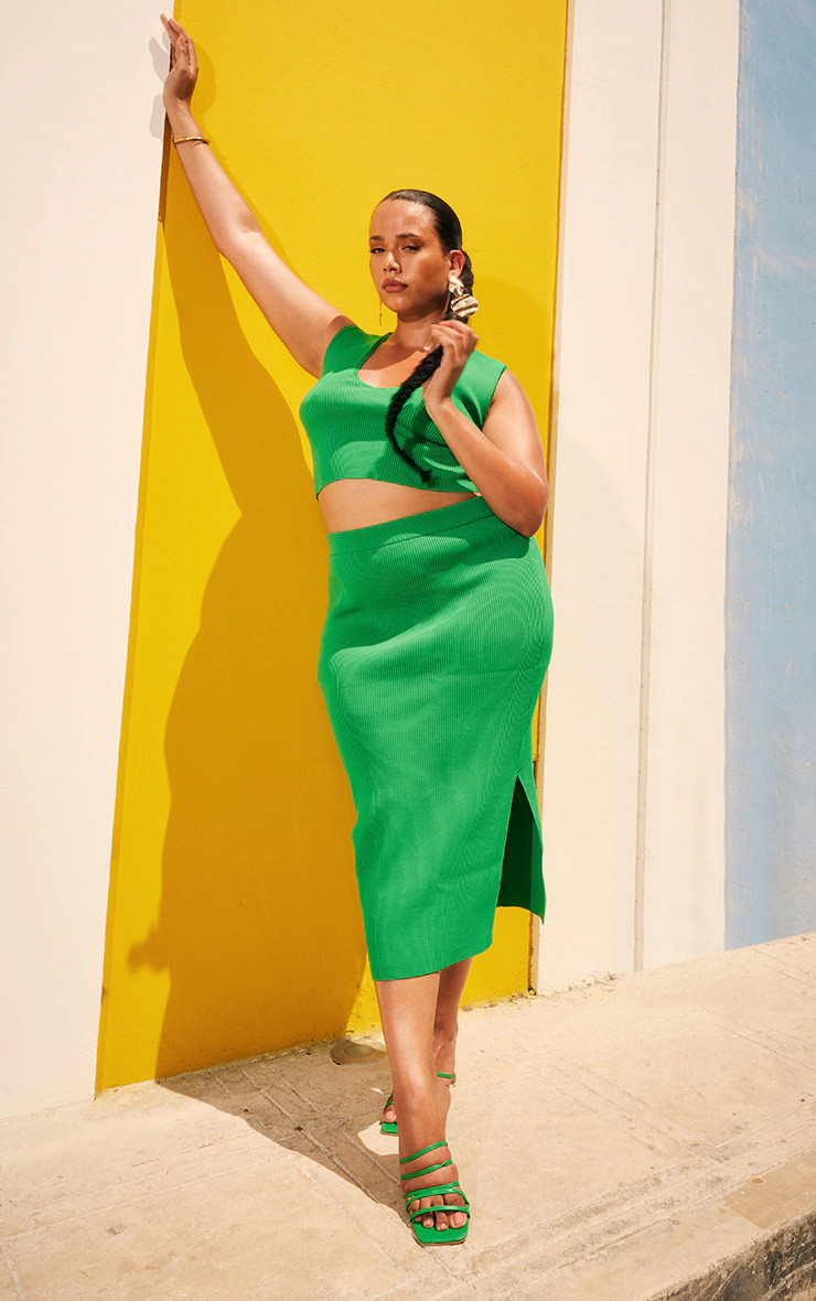 Plus Bright Green Rib Knitted Bodycon Split Skirt | Pretty Little Thing (Australia & New Zealand)