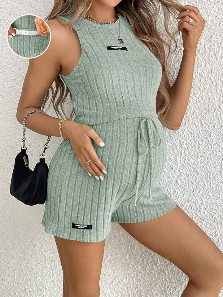 SHEIN Maternity Summer Casual Two-Piece Set With Letter Print Sleeveless Tank Top And Adjustable ... | SHEIN