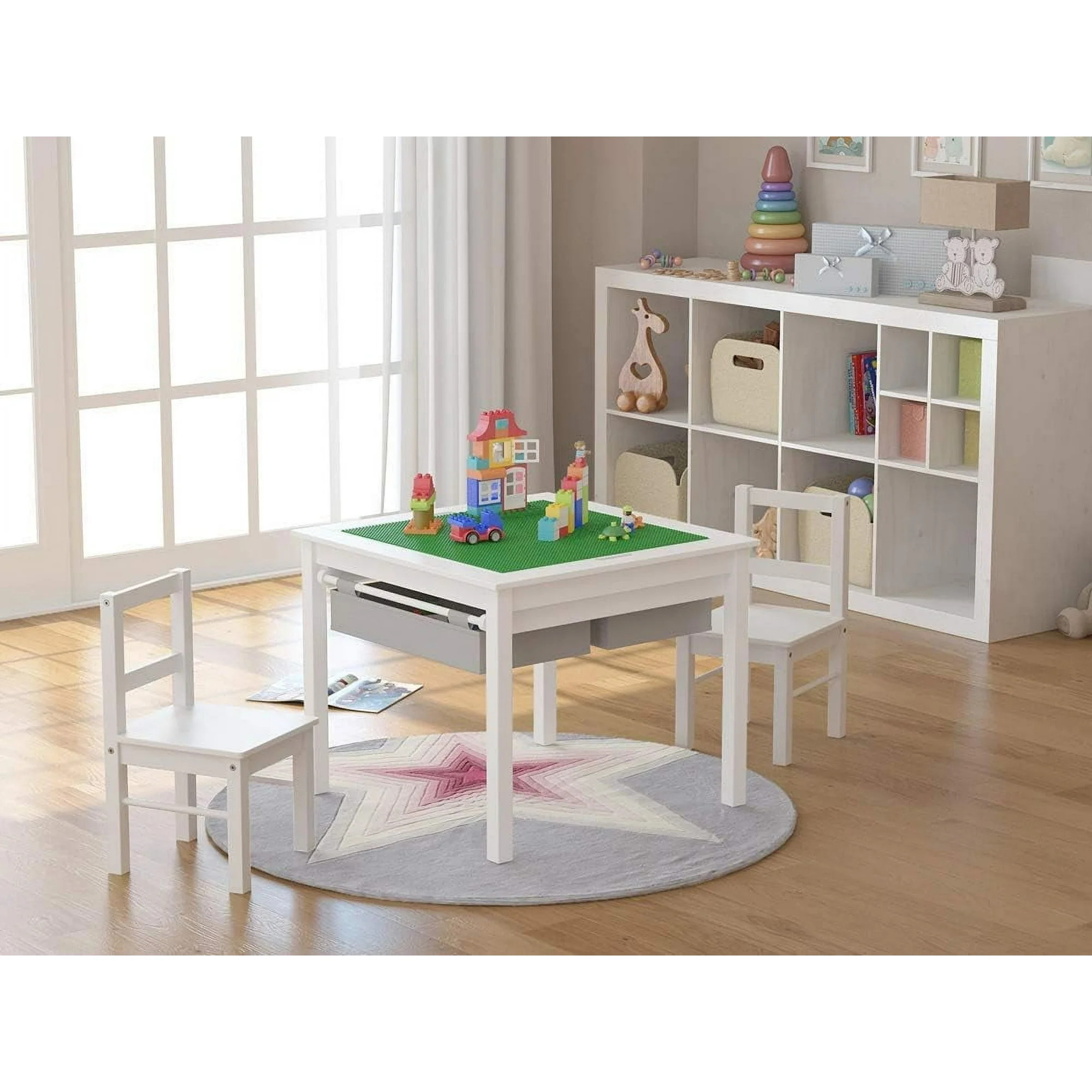 UTEX Wooden 2 In 1 Kids Construction Play Table and 2 Chairs Set with Storage Drawers and Built i... | Walmart (US)
