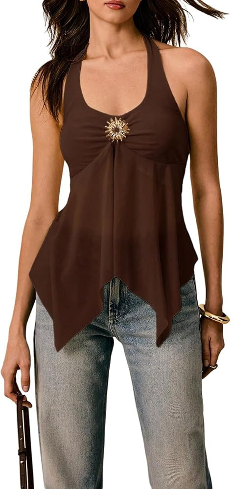 MakeMeChic Women's Tie Backless Halter Tops Asymmetrical Split Hem Going Out Tank Top | Amazon (US)