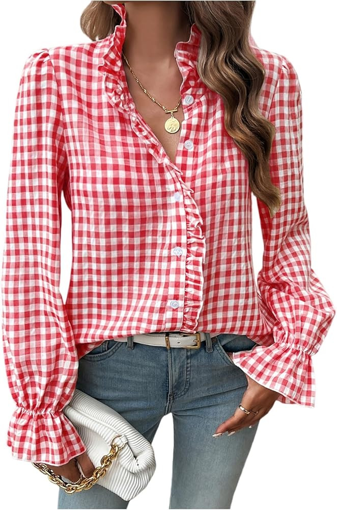 Womens Plaid Ruffle V Neck Button Down Blouse Casual Long Sleeve Fall Vintage Tops Business Work ... | Amazon (US)