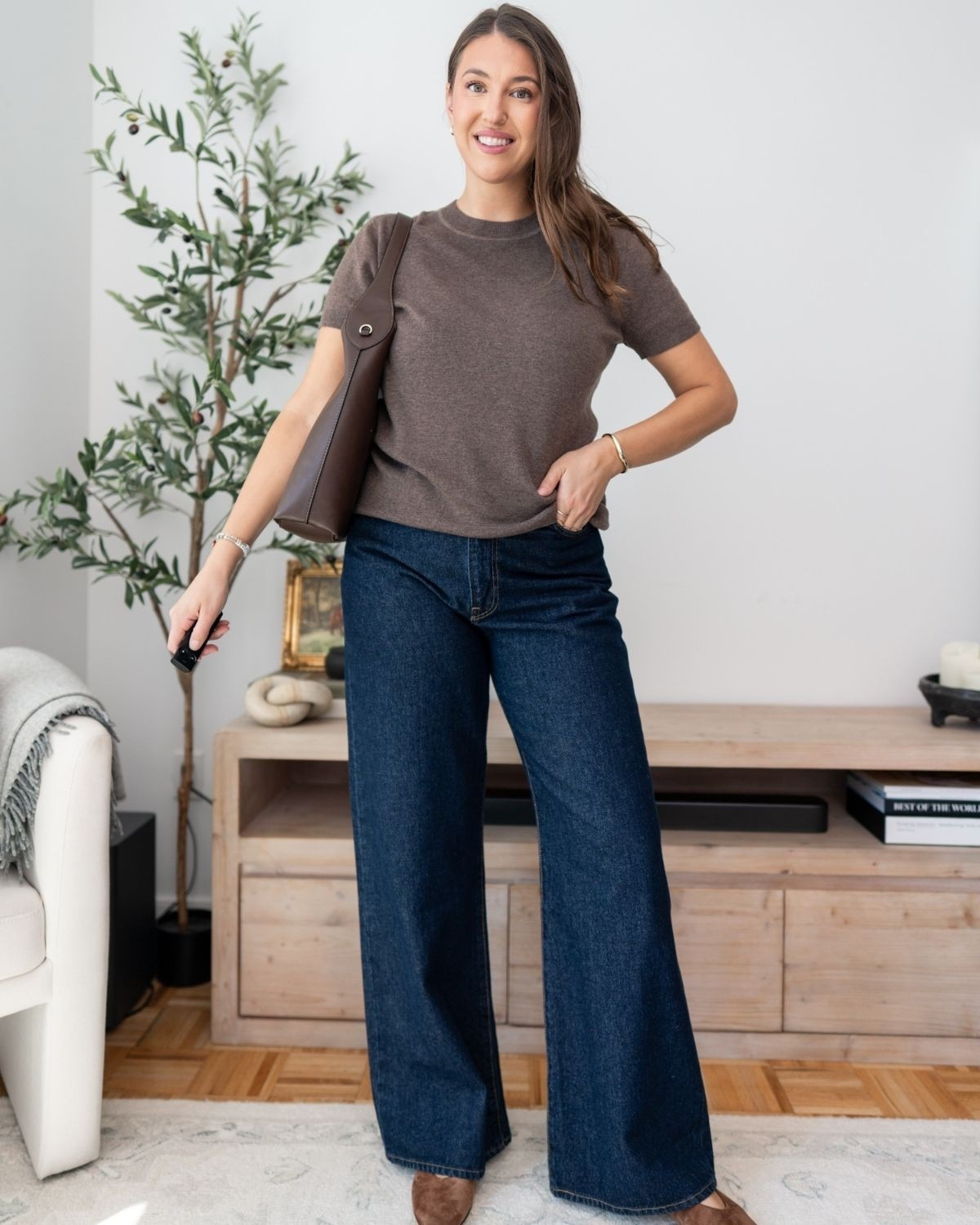Elevated everyday denim 🤎

wide leg jeans, dark wash denim, brown knit top, neutral outfit, everyday chic style, casual mom outfit, fall basics, simple elevated 

#LTKSeasonal #LTKootd #LTKMidsize