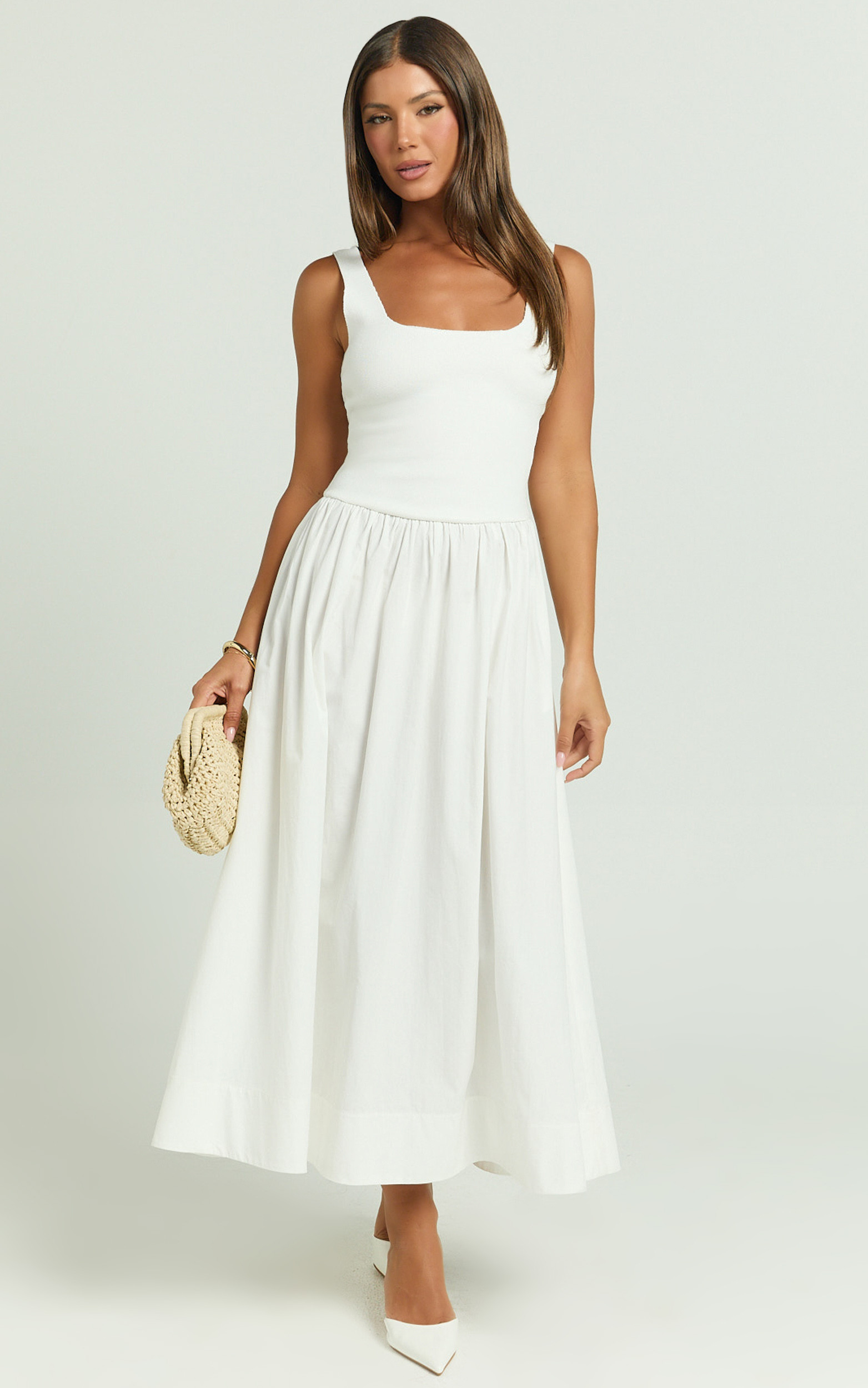 Murphy Midi Dress - Scoop Neck Straight Drop Waist Gathered Skirt Knit And Poplin Dress in White | Showpo (ANZ)