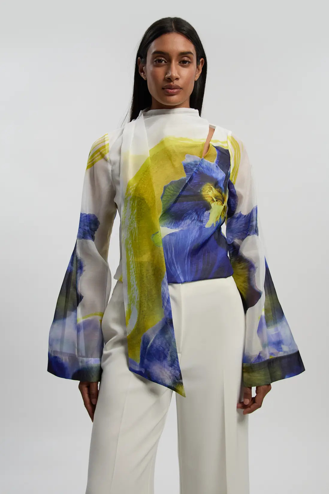 Photographic Floral Organza Scarf Detail Woven Flute Sleeve Blouse | Karen Millen