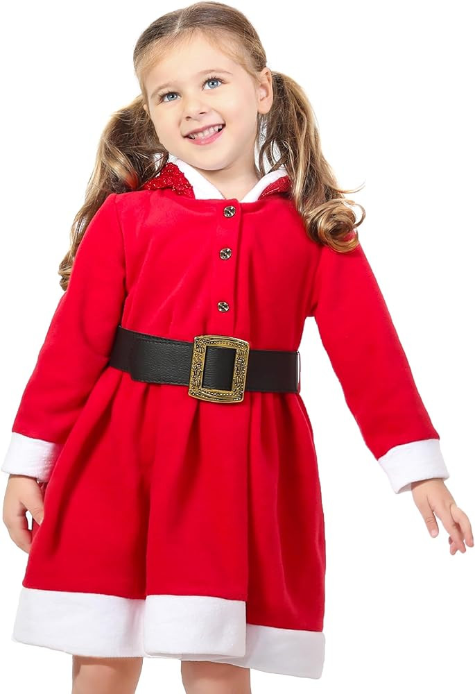 Lilax Little Girls' Holiday Christmas Santa Sparkle Hood Red Dress with Belt | Amazon (US)
