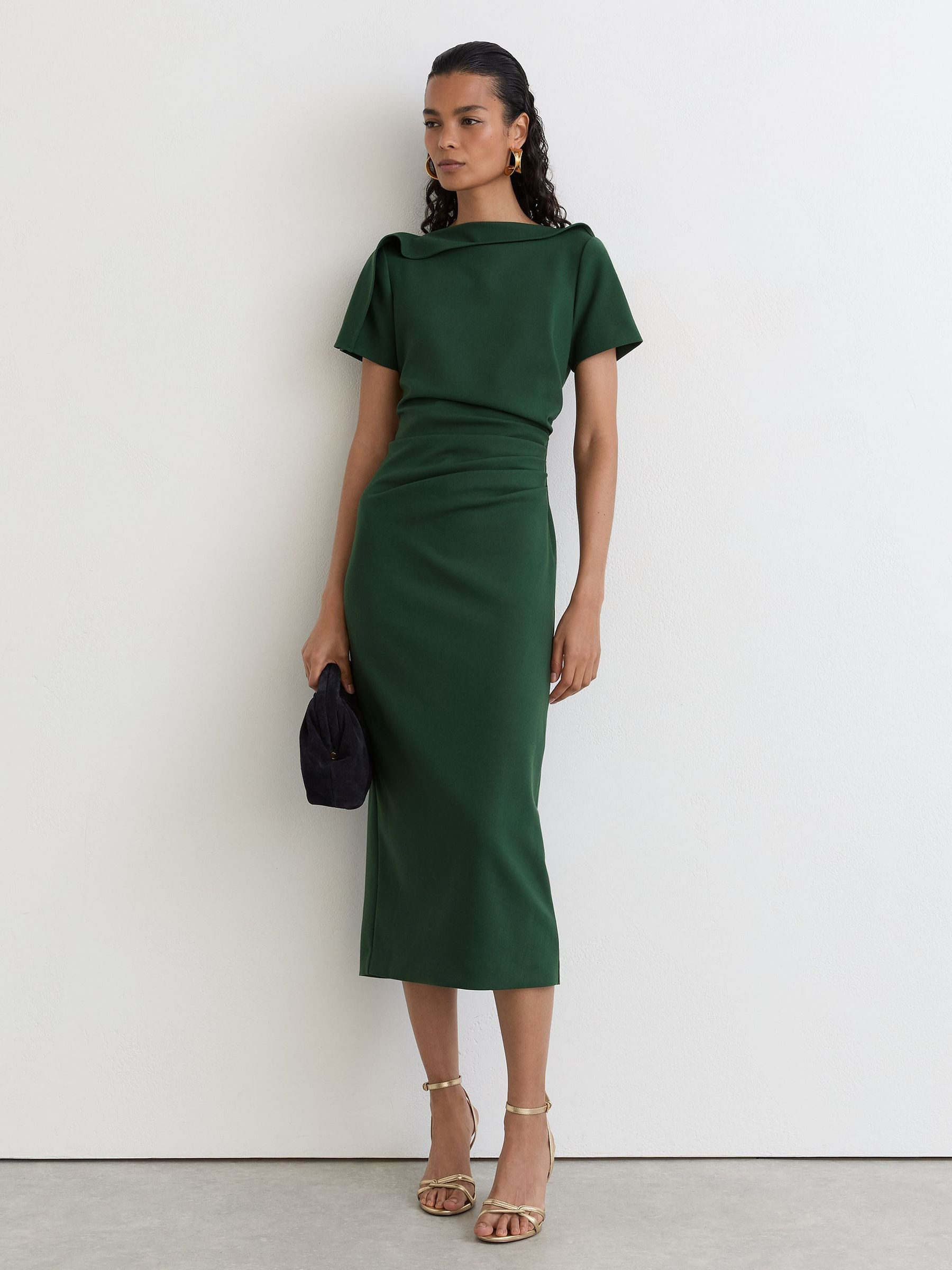 Reiss Ruched-Detail Boat-Neck Midi Dress in Teal Green - REISS | Reiss UK