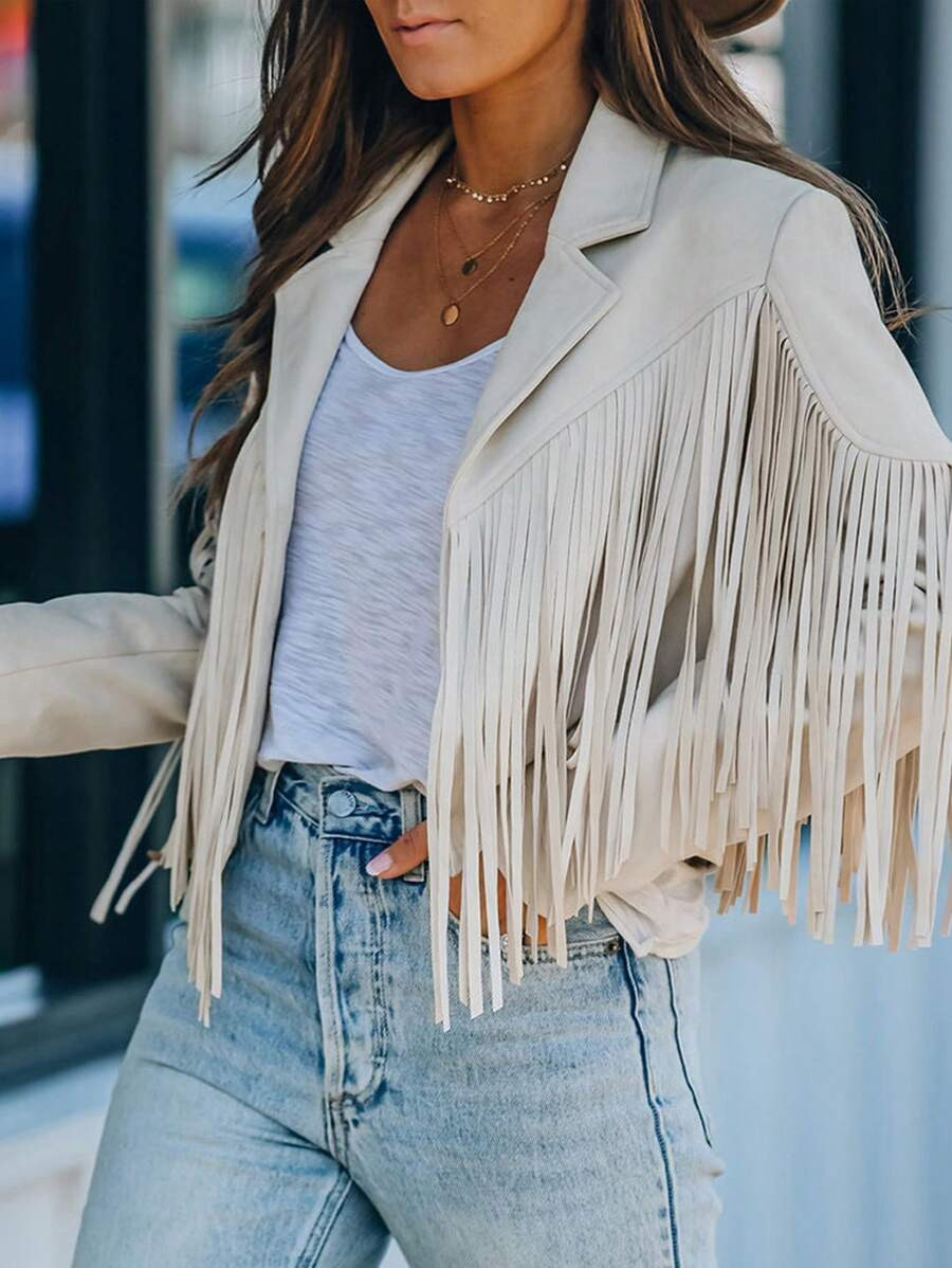 Astylish White Long Sleeve Fringe Open Front Faux Suede Moto Jacket | SHEIN