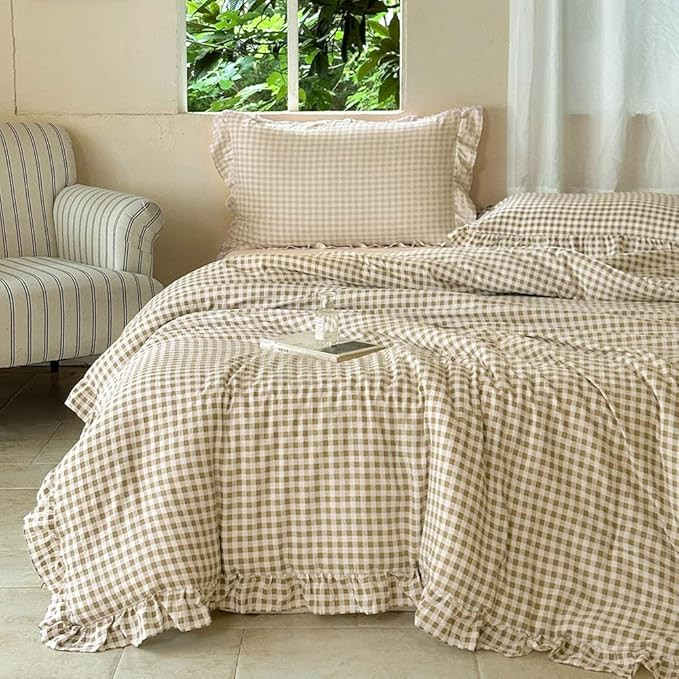 NSNLGSGC Tan Ruffle Gingham Comforter Set Twin, Pre-Washed Ruffled Taupe Plaid Checked Comforter ... | Amazon (US)