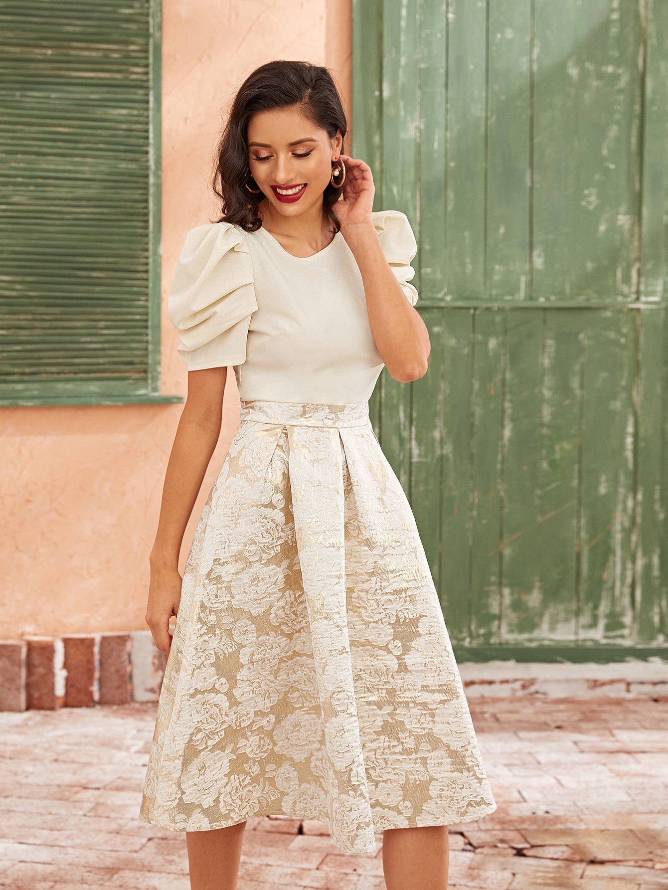 SHEIN Puff Sleeve Combo Jacquard Flare Dress | SHEIN