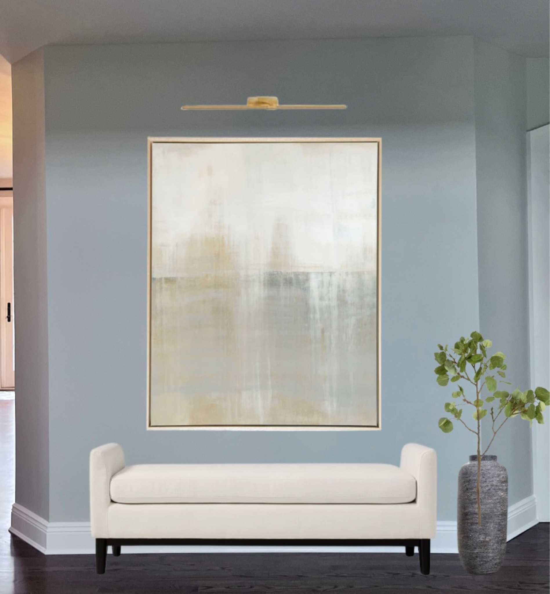 Entryway Stunner 
Upholstered bench, neutral abstract art, art light, floor vase and greenery.

#LTKstyletip #LTKhome