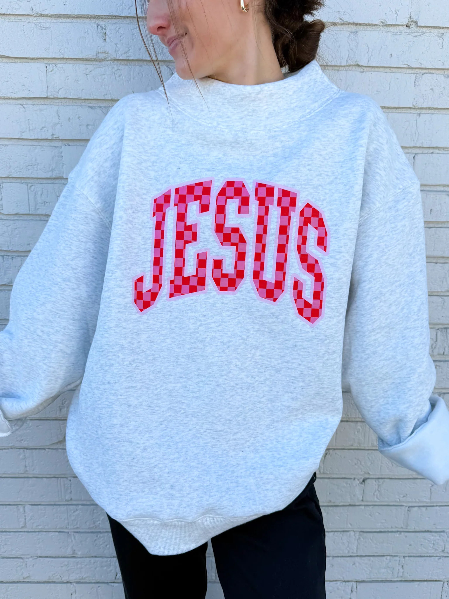 Pink Checkered JESUS Mock-neck Sweatshirt | TEES by Taylor