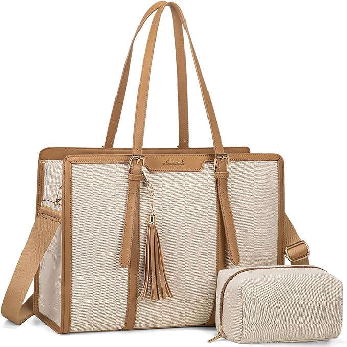 LOVEVOOK Laptop Tote Bag for Women,15.6 inch Canvas Leather Computer bag with Clutch Purse for Bu... | Amazon (US)