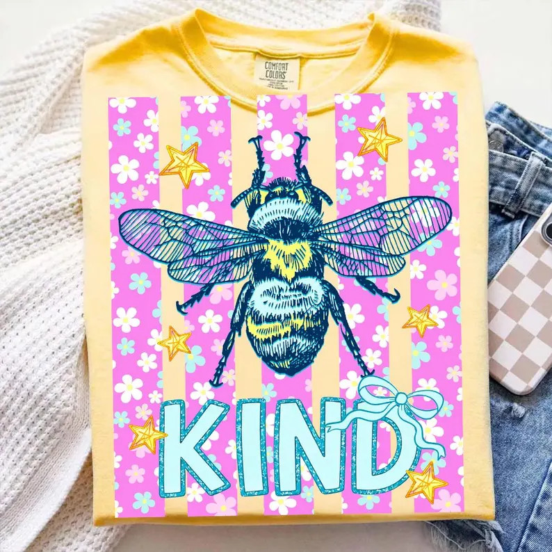 Retro Striped Floral Be Kind Shirt, Kindness Striped Mental Health Shirt, Preppy Summer Bee Shirt... | Etsy (Global)