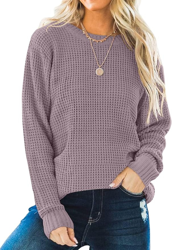 ZESICA Women's Long Sleeve Crew Neck Waffle Knit Casual Loose Oversized Pullover Sweater Jumper T... | Amazon (US)