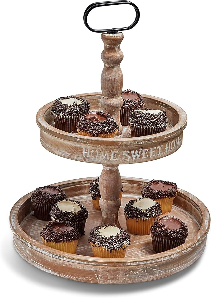 Sweet Home - Two Tier Serving Tray - Farmhouse Kitchen Display - Cupcake Stand - Rustic Wood - Sw... | Amazon (US)