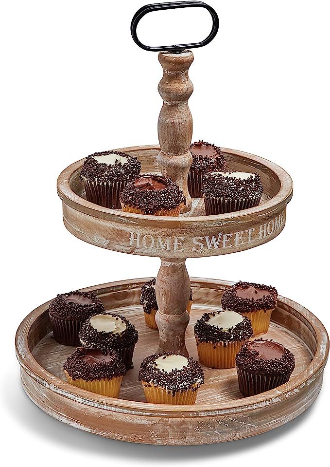 Sweet Home - Two Tier Serving Tray - Farmhouse Kitchen Display - Cupcake Stand - Rustic Wood - Sw... | Amazon (US)
