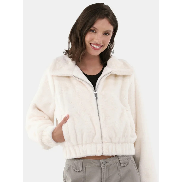 No Boundaries Faux Fur Bomber Jacket, Women's and Women's Plus | Walmart (US)