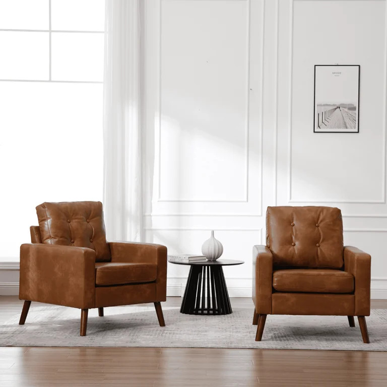 Mid Century Modern Accent Chair Set of 2,Faux Leather Button Tufted Club Chair with Arms, Upholst... | Walmart (US)