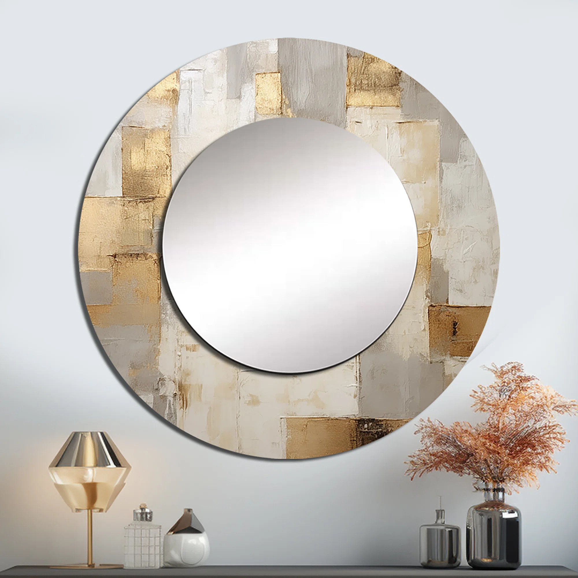 Beige And Gold Minimalism Modern Scandinavian Zen Art - Modern Scandinavian Round Mirror Wall Dec... | Wayfair North America