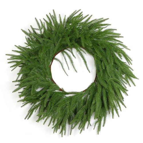 24 Inch Christmas Wreaths for Front Door,Real Touch Artificial Norfolk Pine Wreath Christmas Decorations Large Greenery Garland for Wall Windows Fireplace Farmhouse Indoor Outdoor Xmas Decor | Amazon (US)
