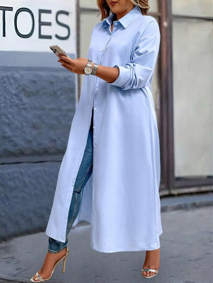 SHEIN LUNE Plus Size Women's Solid Color Long Shirt Dress | SHEIN