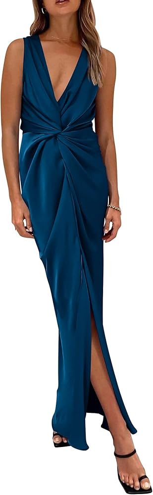 PRETTYGARDEN Women's Satin Ruched Bodycon Dress Summer 2023 Twist Front V Neck Sleeveless Split M... | Amazon (US)