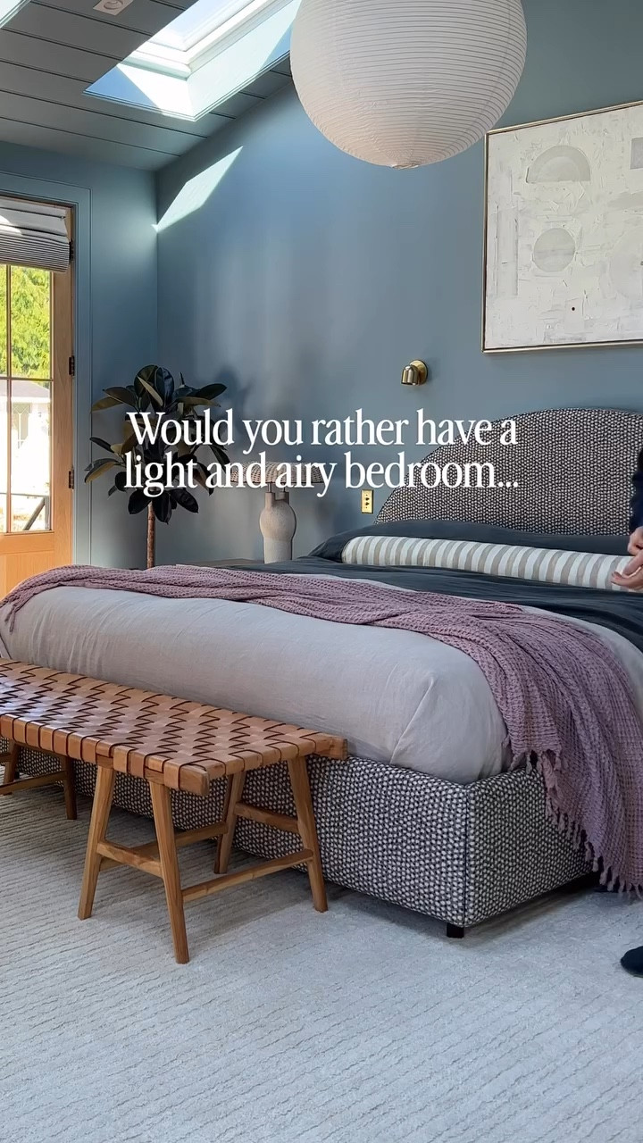 Our blue bedroom has seen a lot of eras and this latest refresh was a long time coming… 💙 we moved our bed frame upstairs (to the room it was originally designed for), brought in a new bed and rug, traded lamps with the family room, and switched up the styling a bit - I’m really loving the moodiness of it (especially at night). Which version do you prefer??

Paint color is called “Debonair” by @sherwinwilliams
Painting above bed is by @brooksburns_art