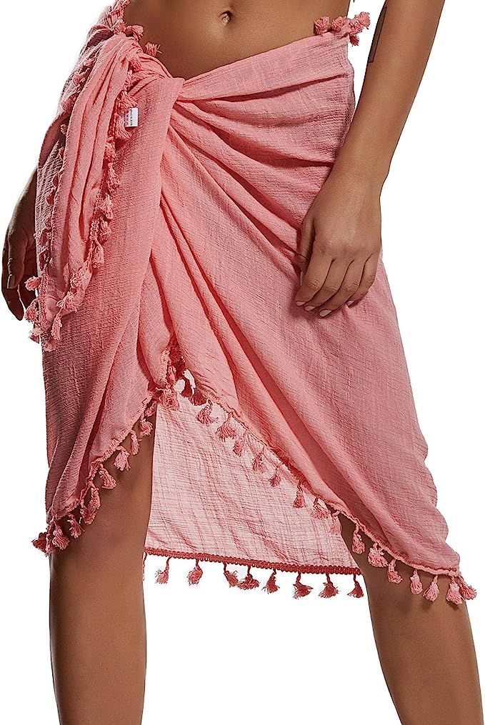 Eicolorte Beach Sarong Pareo Womens Semi-Sheer Swimwear Cover Ups Short Skirt with Tassels | Amazon (US)