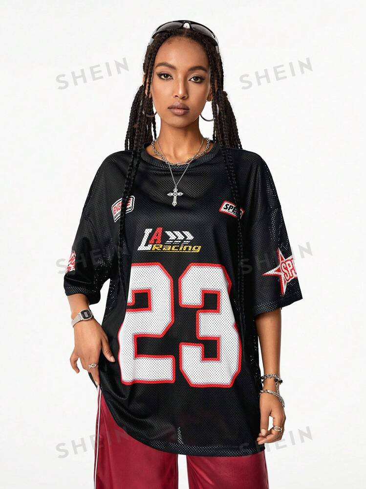 SHEIN Coolane Women's Streetwear Sports Blockcore Number Printed Mesh Jersey T-Shirt,Couple Same ... | SHEIN