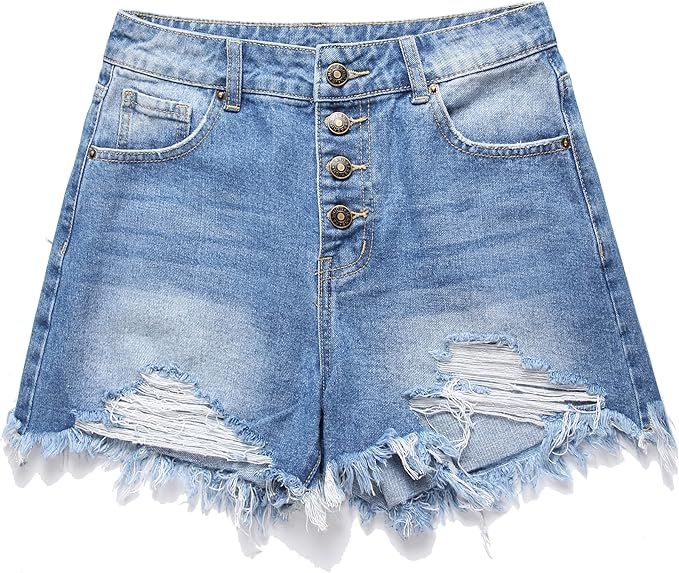 GUNLIRE Women's High Rise Denim Shorts Summer Ripped Distressed Button Down Frayed Fashion Washed... | Amazon (US)